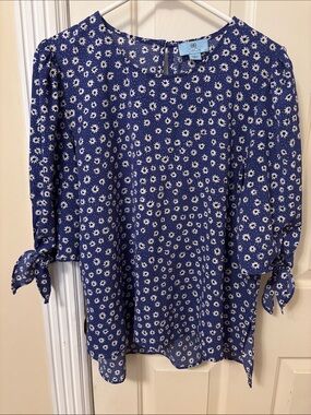 CeCe Royal Blue Daisy Tie-Sleeve Blouse